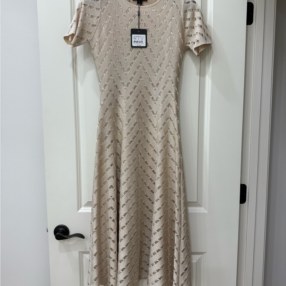 St. John Tan A-Line Midi Dress with Crew Neck